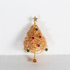Vintage 1990s Merry Christmas Tree Brooch Pin in Gold Tone Metal Red Gold Green